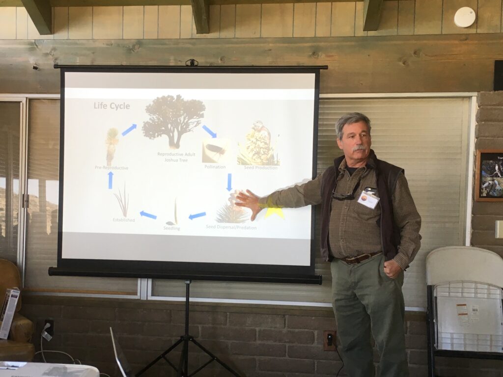 USGS ecologist and JTGP collaborator Todd Esque explains how the challenges faced by Joshua tree at different stages of its life cycle. (Photo by Jeremy Yoder.)
